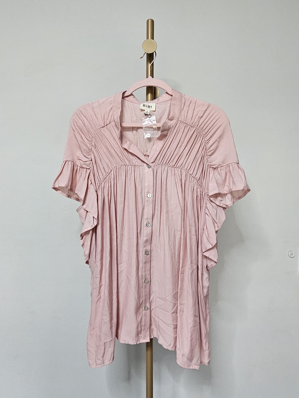 BiBi Blush Pink Ruffle Button-Front Short Sleeve Top - Picture 2 of 9